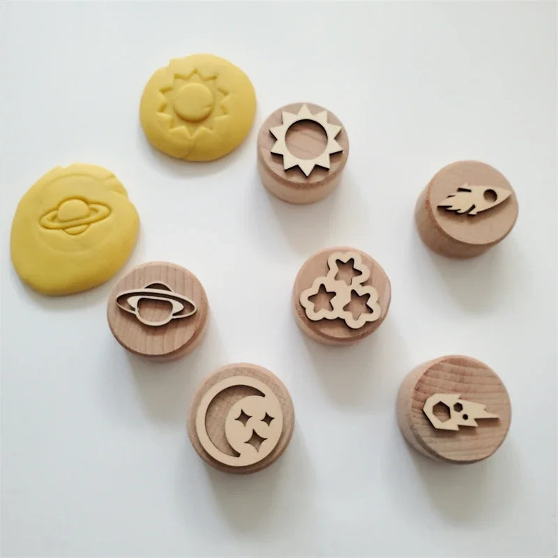 Kids Montessori Wooden Play Dough Stampers Tools Weather Insect Nature Stamps Playdough Fun Activity for Children Sensory Toys