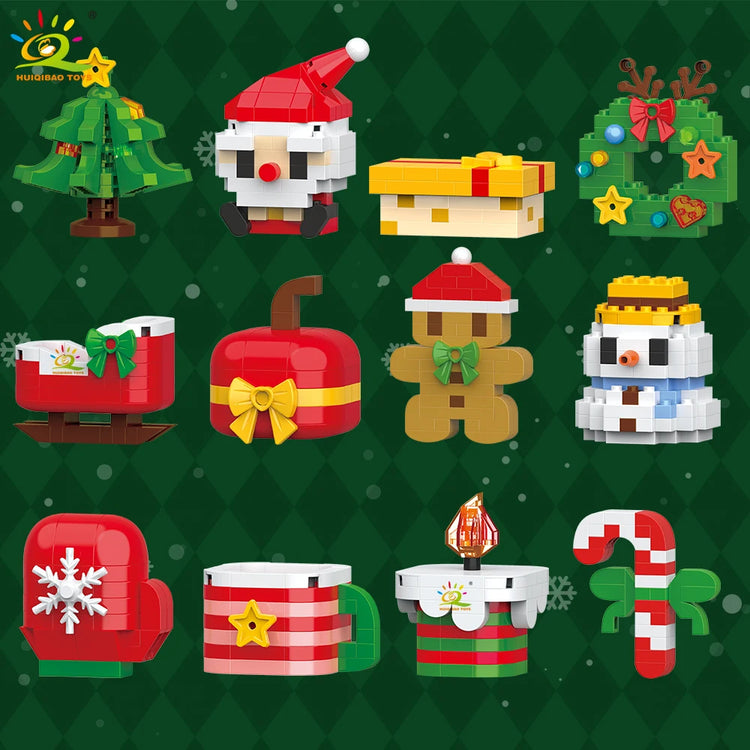 HUIQIBAO Christmas Mini Building Blocks Set DIY Santa Claus Xmas Tree Snowman House Ornament Kid Educational Assembly Toy