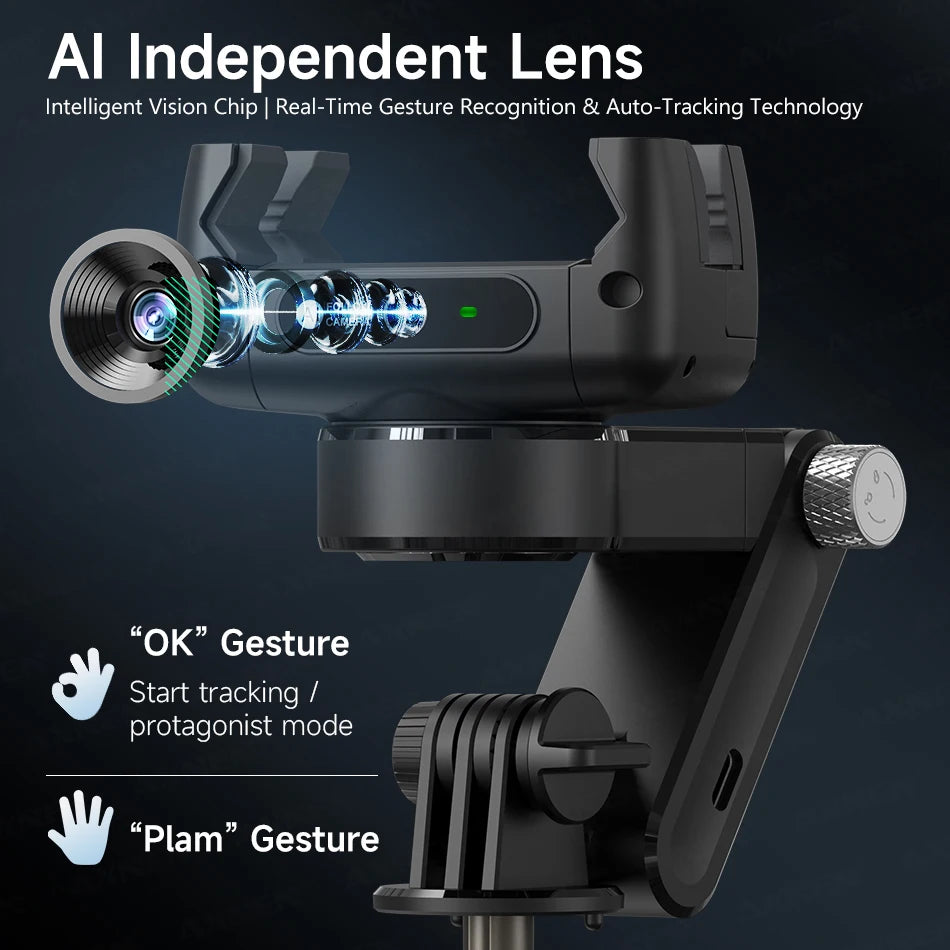 Gimbal Q19 AI Desktop 360° Auto Rotation Face Track Anti-Shake Selfie Stick Handheld Stabilizer with Fill Light for Smartphones