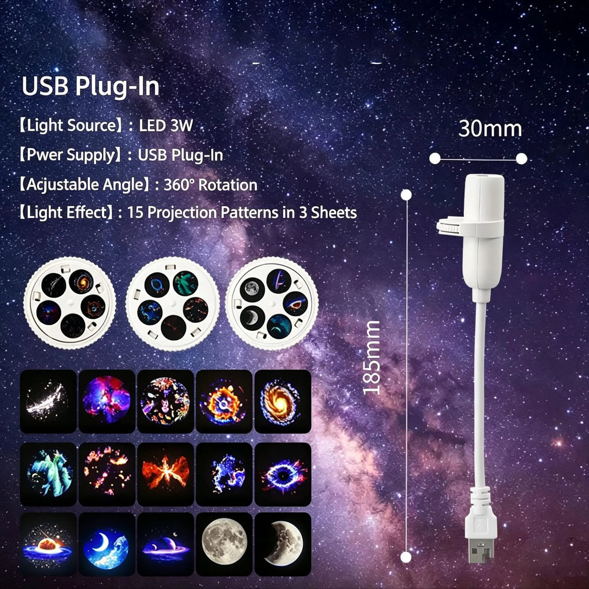 Mini USB Galaxy Star Projector Light 360° Adjustable Night Light Atmosphere Lights For Bedroom Romantic Night Birthday Party Use