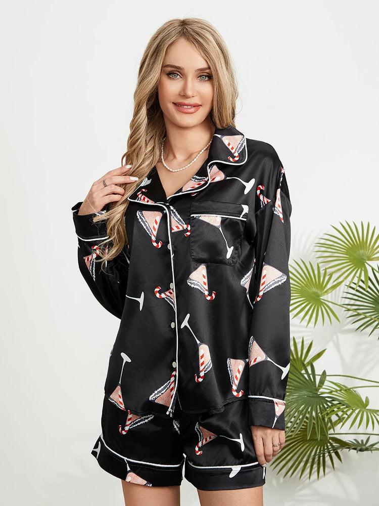 Christmas Pajamas Shorts Set for Women Santa Claus Pjs Long Sleeve Button Down Shirt+Pants 2 Piece Xmas Jammies Loungewear