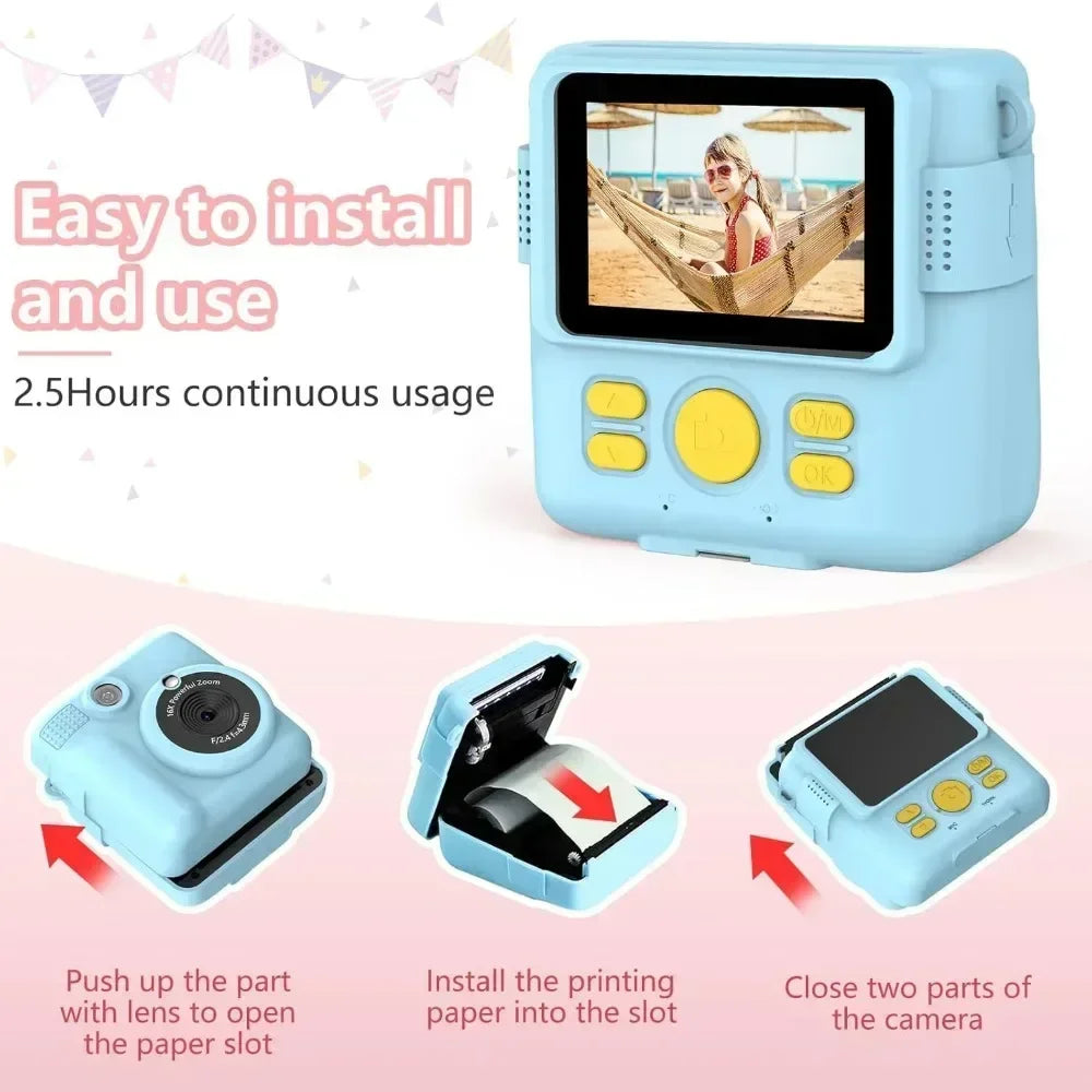 1080P HD Video Camera Portable Instant Print Camera for Kids with 3 Rolls Photo Paper and 32GB Card Perfect Toy Toddlers