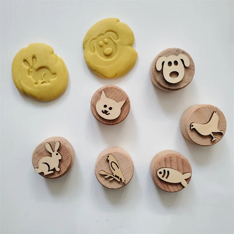 Kids Montessori Wooden Play Dough Stampers Tools Weather Insect Nature Stamps Playdough Fun Activity for Children Sensory Toys
