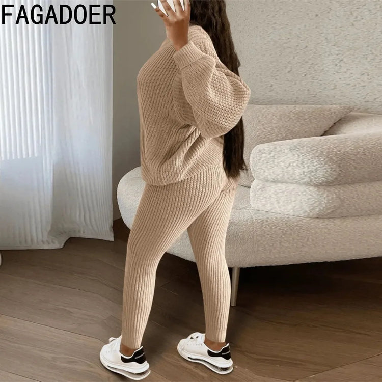 FAGADOER Knitt Sweater 2 Piece Set for Women Autumn Winter Long Sleeve O Neck Sweater + Skinny Pants Sets Casual Outfit Homewear