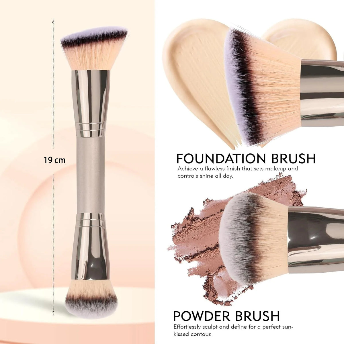Dual Ended Foundation Brush for Liquid Powder Blush Concealer Contour, Professional Makeup Tool with Travel Pouch for Women Girl