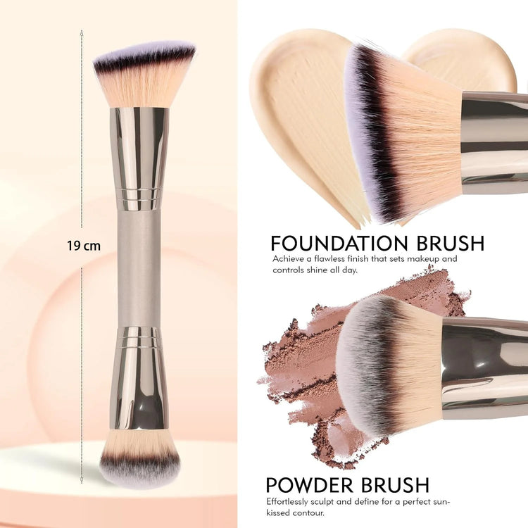 Dual Ended Foundation Brush for Liquid Powder Blush Concealer Contour, Professional Makeup Tool with Travel Pouch for Women Girl