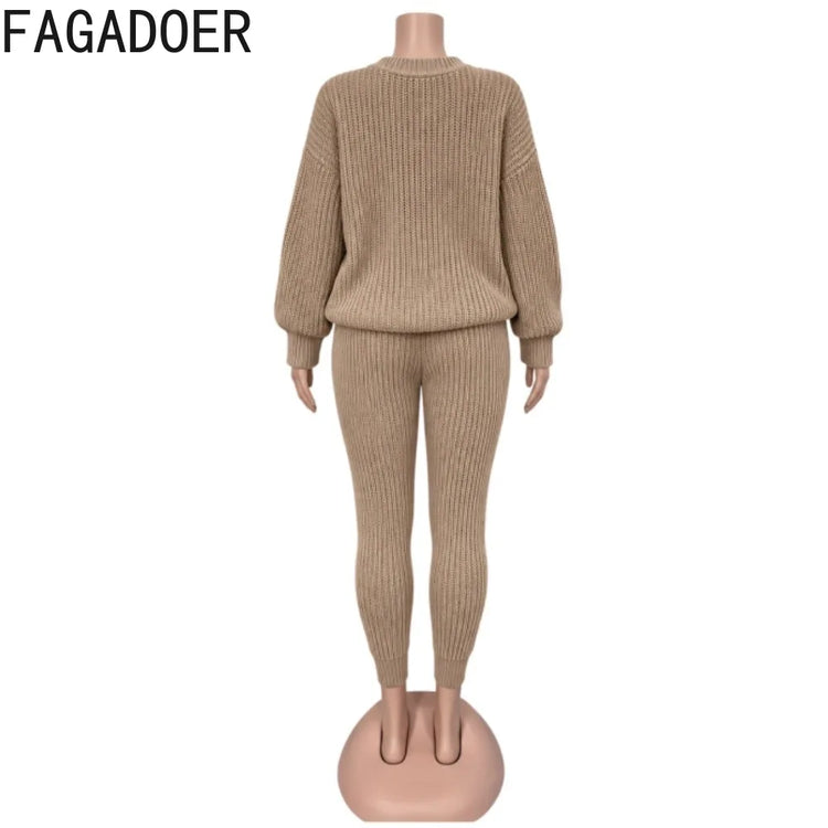 FAGADOER Knitt Sweater 2 Piece Set for Women Autumn Winter Long Sleeve O Neck Sweater + Skinny Pants Sets Casual Outfit Homewear