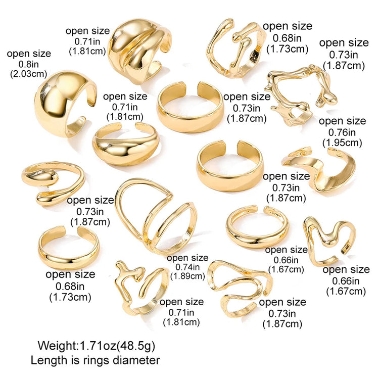15PCS/Set Cool Oversized Smooth Abstract Lava Line Ring Set Women's Trendy Geometric Stacking Finger Ring Accessories