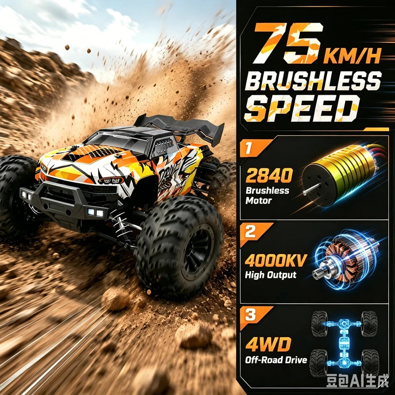 16102 Brushless Professional RC Remote Control Car Four-wheel Drive High Horsepower With LED Off-road Adult Four-wheel Drive 70KM/H High-Speed Drift Racing Boy Toy