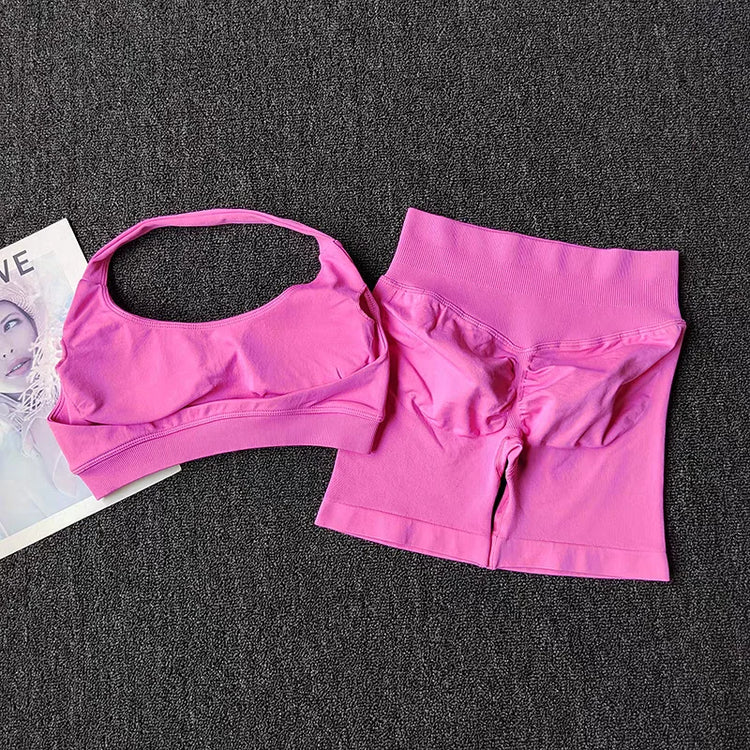 2 Pieces Yoga Suit for Women Seamless Fitness Gym Clothes Halter Sports Bra Matching Shorts Workout Sets Gym Set Outfit