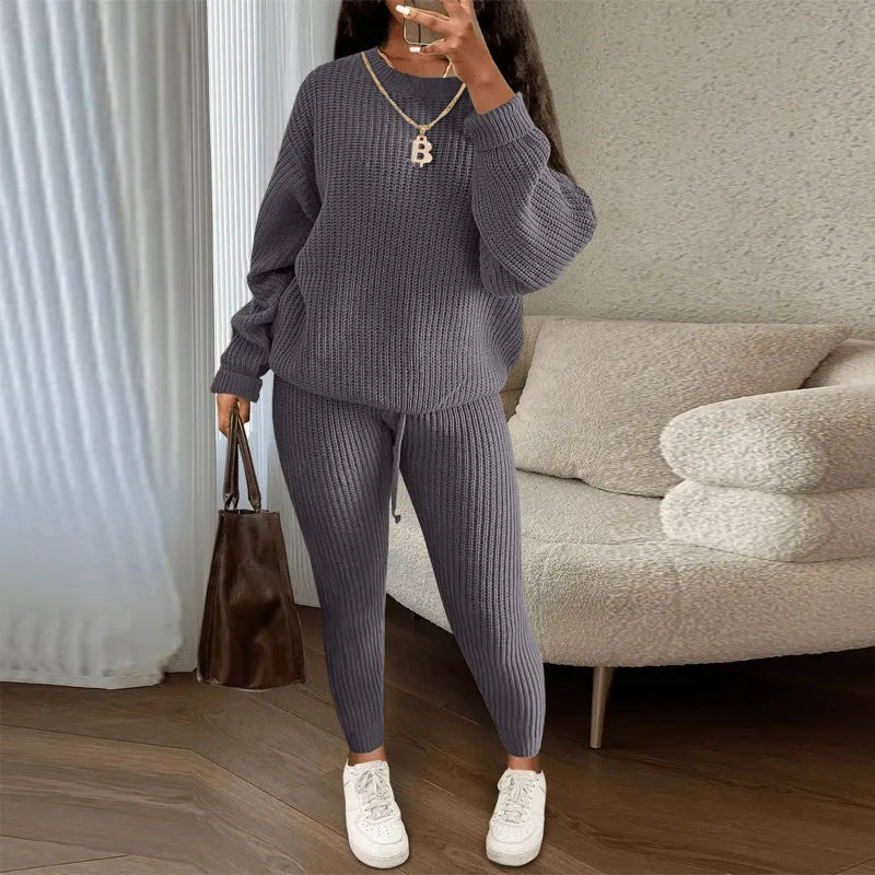 FAGADOER Knitt Sweater 2 Piece Set for Women Autumn Winter Long Sleeve O Neck Sweater + Skinny Pants Sets Casual Outfit Homewear