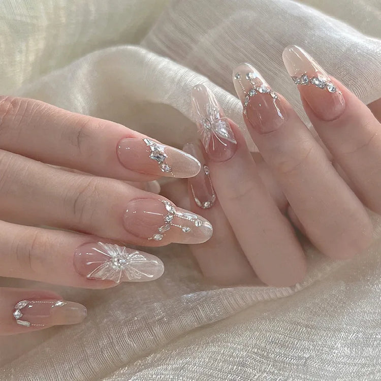 24Pcs Pink Almond False Nails Butterfly Ballet with French Design Wearable Fake Nails Simple Artificial Press on Nails Tips Art