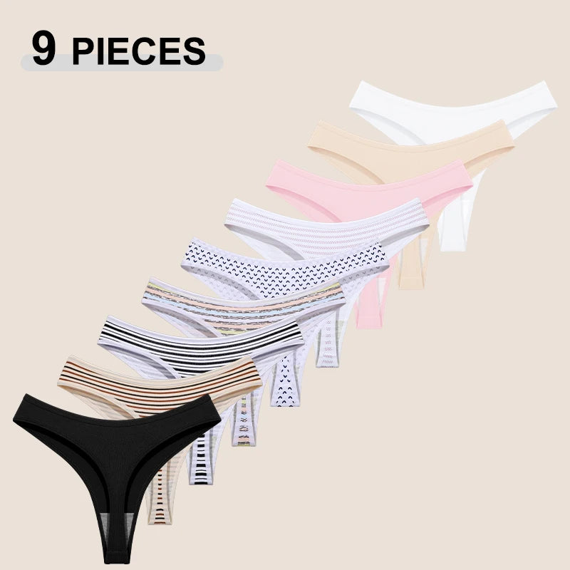 9Pcs Women's Seamless Cotton Panties XS-XXL Multiple Printing T-Back G-strings Sexy Low Waist Breathable Thongs Female Underwear