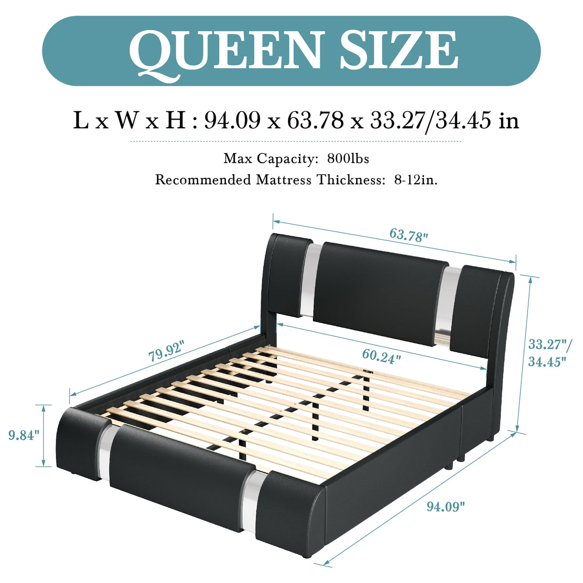 HOOMIC Modern Faux Leather Bed Frame with Iron Pieces Decor, Low Profile Platform Bed with Height-Adjustable Headboard