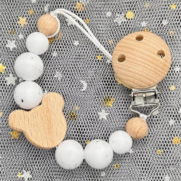 Personalized Baby Pacifier Clip Custom Name Silicone Bead Nipple Dummy Clips Engraved Infant Wooden Pacifier Holder Newborn Gift