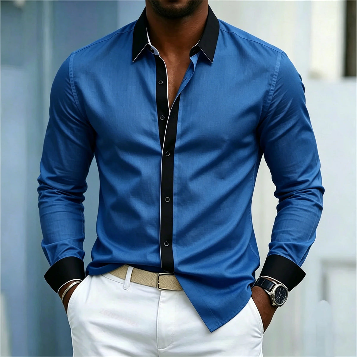 Men's Shirt Black And White Contrasting Splicing Men's Lapel Long Sleeved Shirt Slim Fit Business Casual Men's Top Size