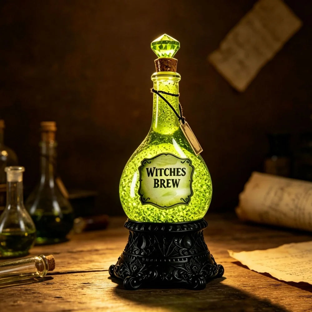 Funny Witches' Brew Potion Bottle Glitter Globe with Led Lights Resin Sparkling Powder Bottle Crafts Halloween Party Decoration