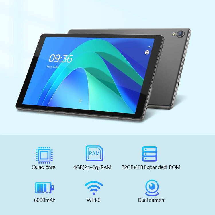 10-inch tablet, Android 14, quad-core processor, 4GB RAM (2GB+2GB expandable), 32GB storage, Wi-Fi, dual cameras, 6000mAh