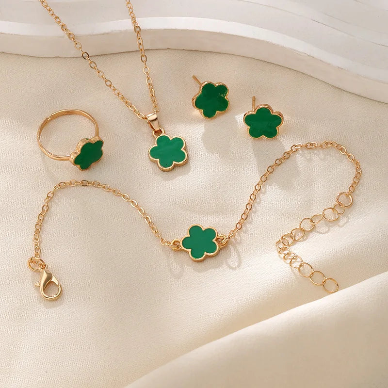 Lucky Five-petal Flower Clover Earrings Necklace Ring Bracelet Four-piece Set for Woman Fashionable Accessories Party Jewelry