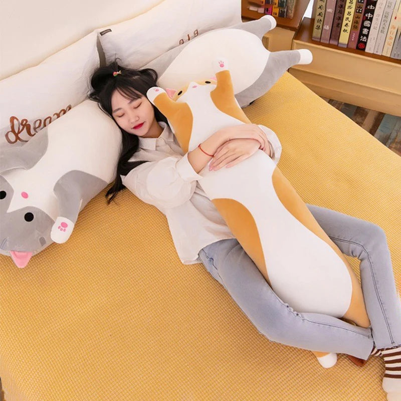 Cute Cat Plush Toy Long Pink Brown Grey Sleeping Cats Leg Pillow Squishy Little Animal Doll Appeasing Plushie Gift