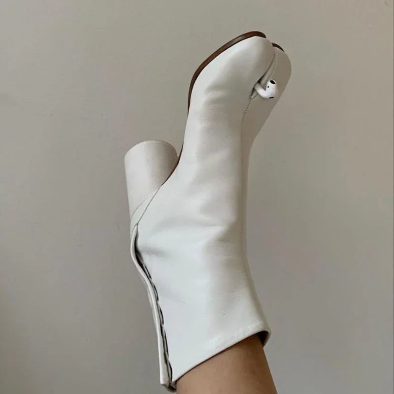 Luxury Brand Designer Tabi Split toe Ankle Boots Women Genuine Leather Chunky Round Heel Short Boots 2024 Autumn Winter Shoes