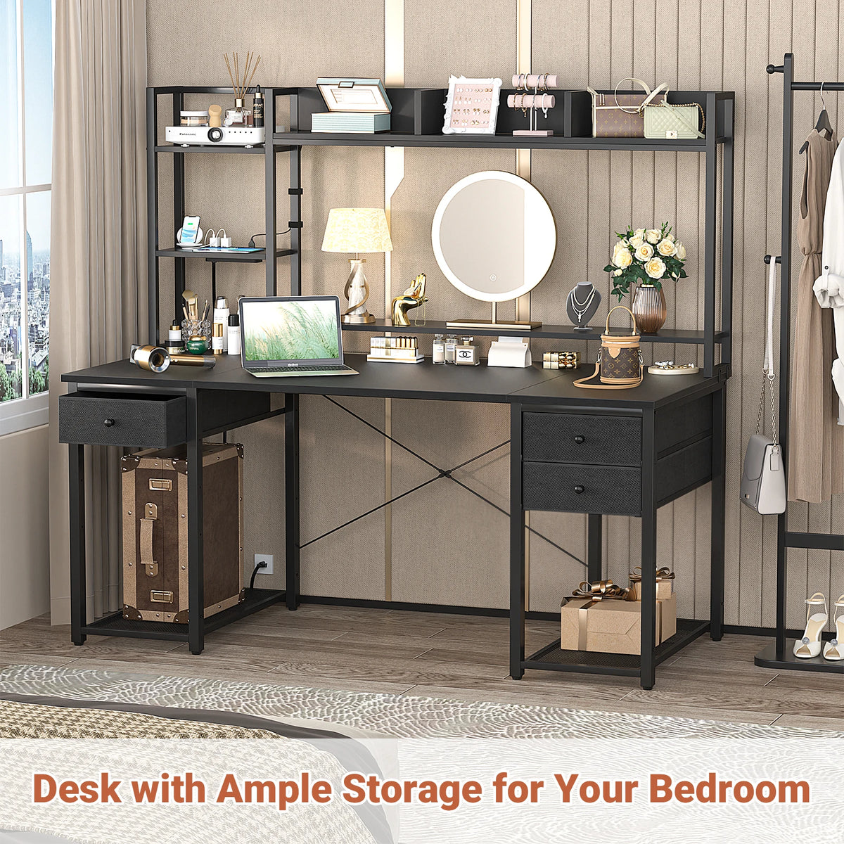 Aheaplus 55" Computer Desk with Hutch & Storage Bookshelf, Reversible Gaming Desk with LED Lights & Power Outlets, Large Workstation Desk with 3 Fabric Drawers & CPU Stand – Black