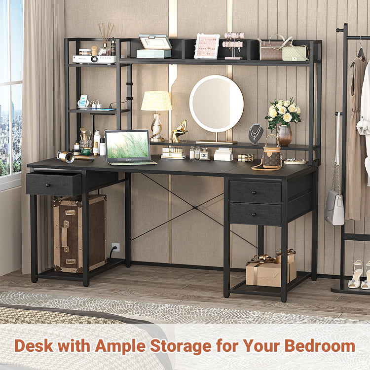 Aheaplus 55" Computer Desk with Hutch & Storage Bookshelf, Reversible Gaming Desk with LED Lights & Power Outlets, Large Workstation Desk with 3 Fabric Drawers & CPU Stand – Black