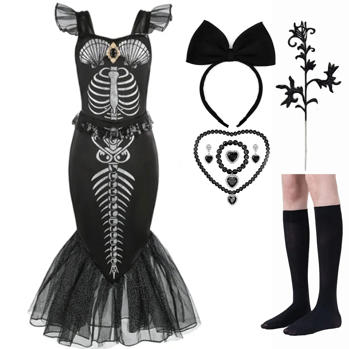 New Skeleton Little Mermaid Halloween Horror Costume Ariel Princess Costume Kids Birthday Party Prom Dress For Girls
