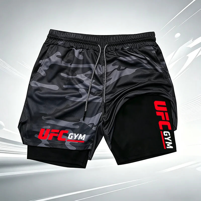 Summer men's printed UFC GYM 2-in-1 compression base shorts, quick drying fitness training breathable running shorts