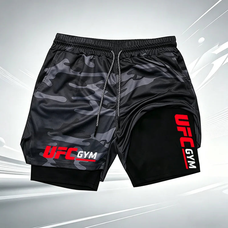 Summer men's printed UFC GYM 2-in-1 compression base shorts, quick drying fitness training breathable running shorts