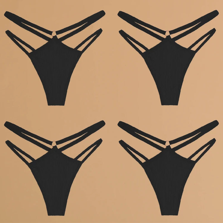 FINETOO 4Pcs Cotton Double Thin Belts Underwear for Women Sexy Low Waist Striped Thongs Ladies Soild Panties Breathable Lingerie