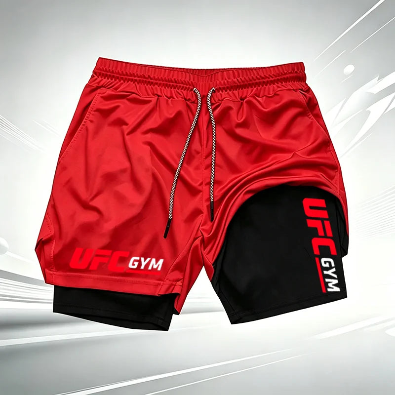 Summer men's printed UFC GYM 2-in-1 compression base shorts, quick drying fitness training breathable running shorts
