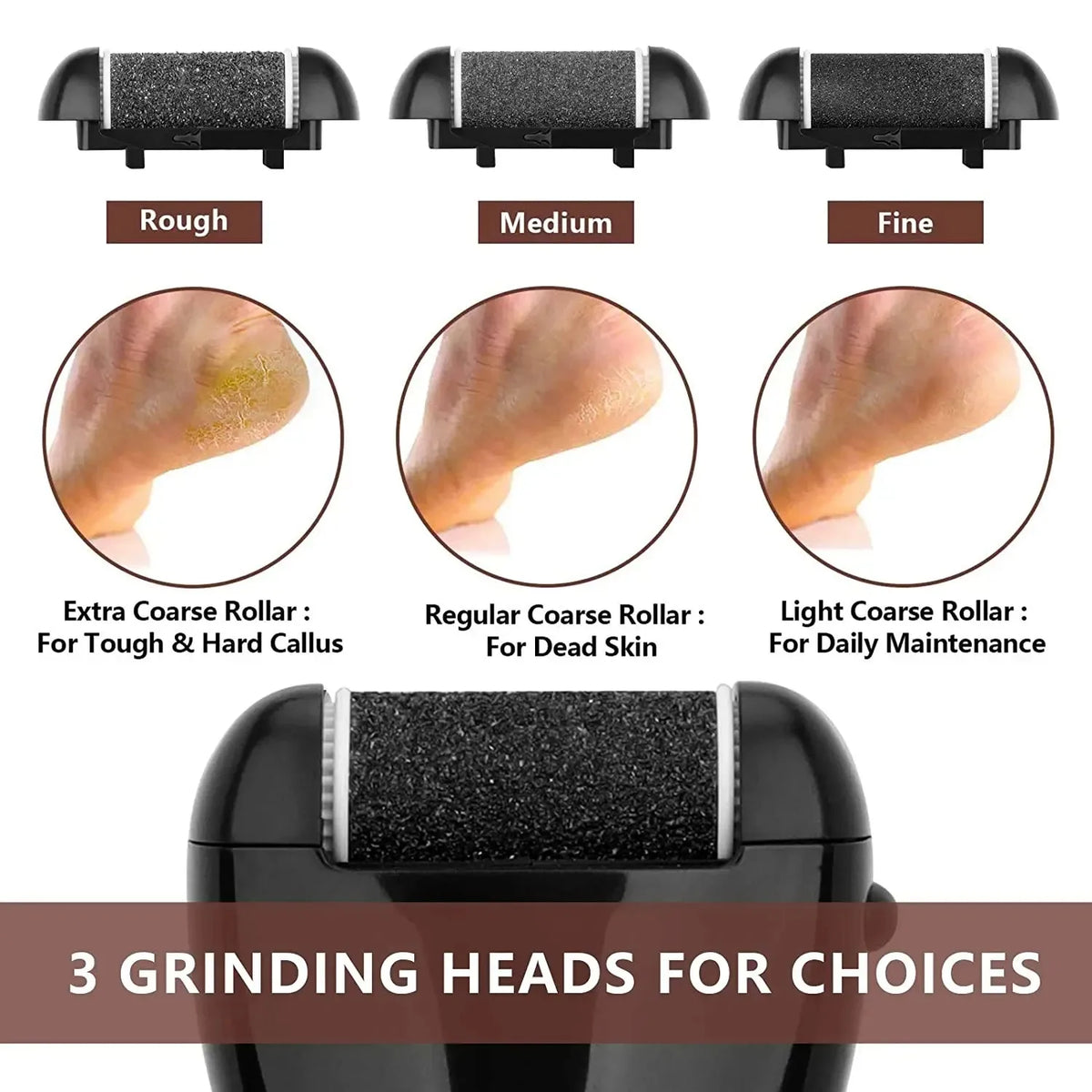 Black Foot Care Tool Heads, Hard Skin Remover, Refill Rollers for Cracked Heels Calluses and Dead Skin Removal, 6 Pcs