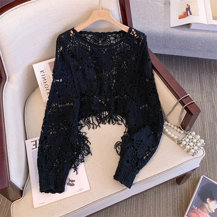 Fashionable Large Size Women's  Hook Hollow Knitted Top round Neck Long Sleeve Tassel Short Style Autumn Outerwear