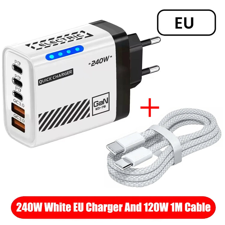 5 IN 1 GaN Desktop Charger For IPhone17 16Pro Laptop Samsung 240W Fast Charging Adapter USB C To Type-C Cable 3PD 2USB Charger