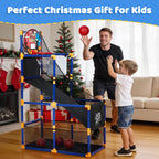 2-in-1 Kids Basketball Arcade Game Set, Adjustable Indoor Outdoor Hoop With Ball Return Ramp, 4 Balls & 6 Sticky Toss Balls
