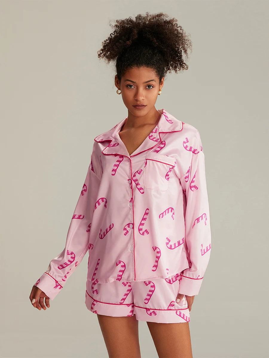 Christmas Pajamas Shorts Set for Women Santa Claus Pjs Long Sleeve Button Down Shirt+Pants 2 Piece Xmas Jammies Loungewear