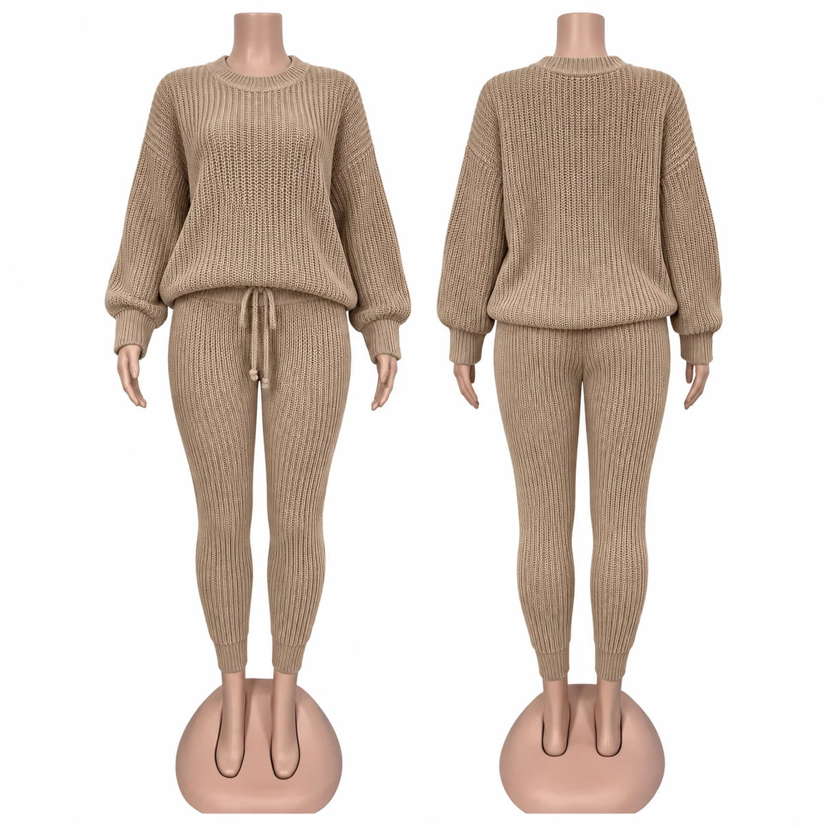 FAGADOER Knitt Sweater 2 Piece Set for Women Autumn Winter Long Sleeve O Neck Sweater + Skinny Pants Sets Casual Outfit Homewear