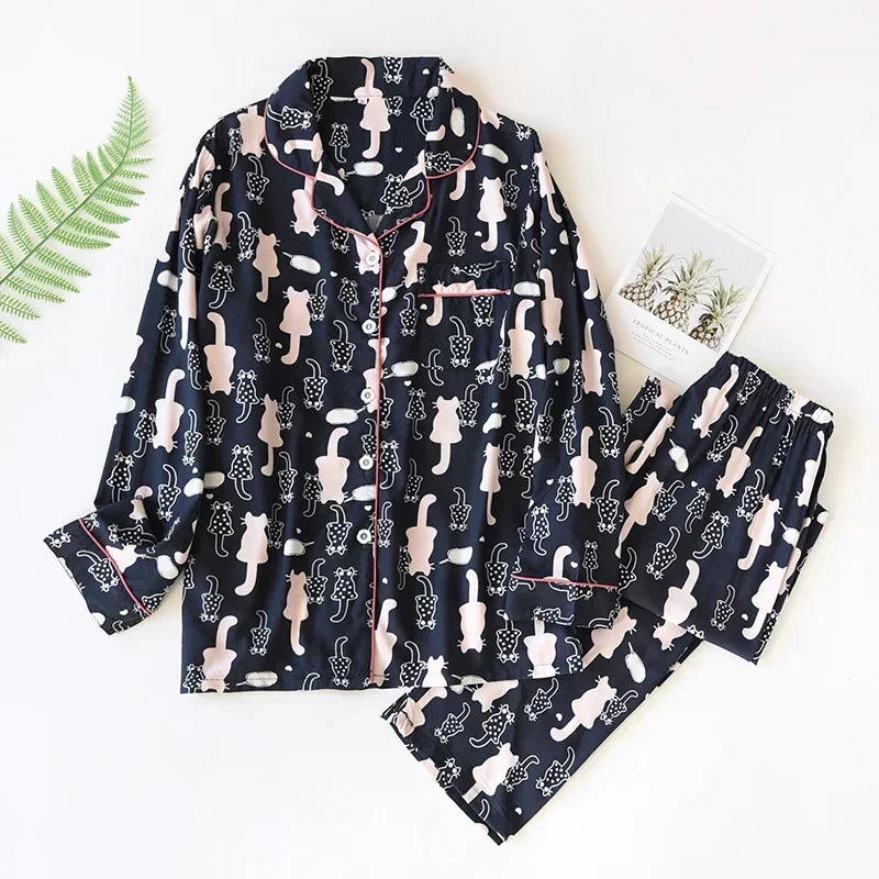 Spring / Summer New 100% Viscose Long-sleeved Trousers Ladies Pajamas Suit 3XL Plus Size Long Sleepwear Women's Home Nightwear