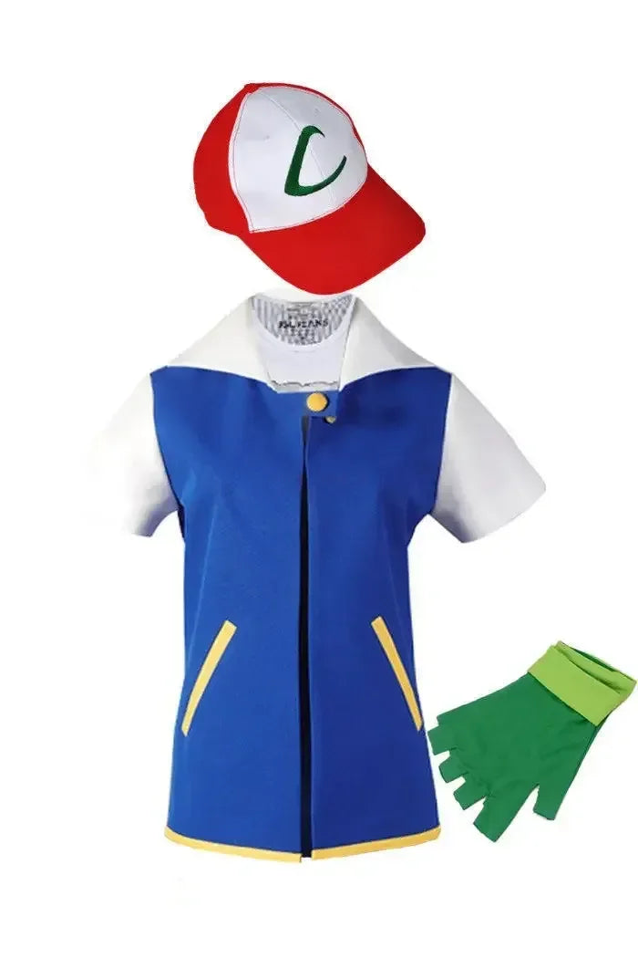 New Blue Jacket Men Cosplay Costume Boys Ash Ketchum For Halloween Party Trainer Gloves And Cap Set Anime Christmas Gift