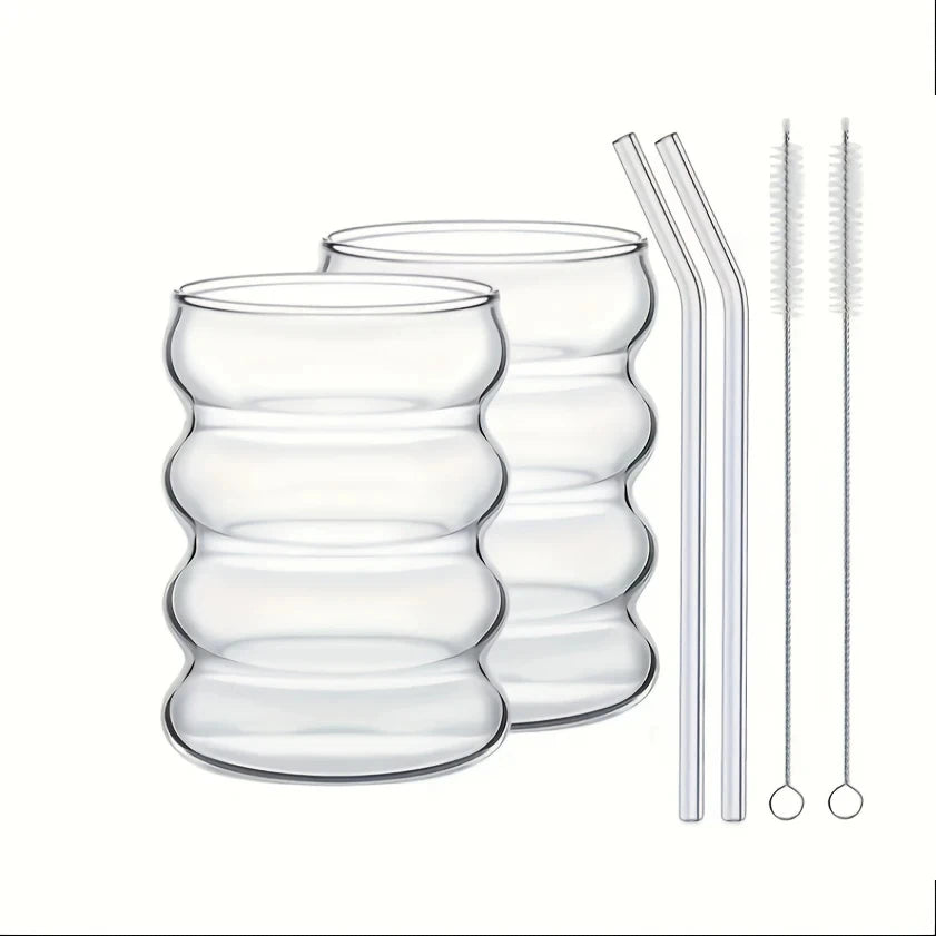 2 High Borosilicate Glass Coffee Cups 350ML/11.8oz with Straw and Brush, Vintage Ripple Design, Transparent Aesthetic Drinkware