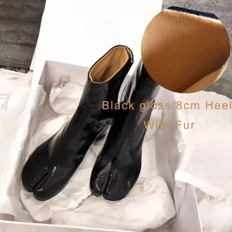 Luxury Brand Designer Tabi Split toe Ankle Boots Women Genuine Leather Chunky Round Heel Short Boots 2024 Autumn Winter Shoes
