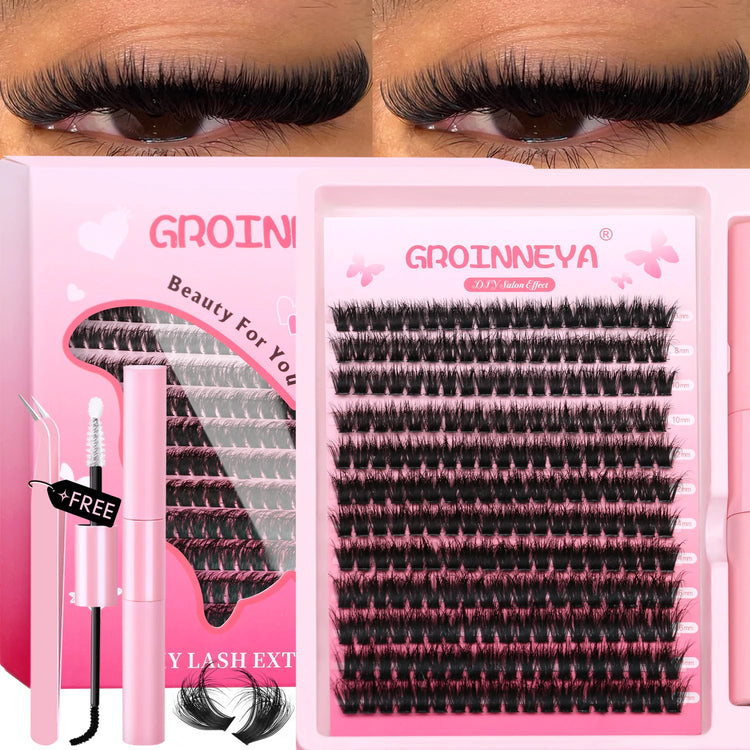 GROINNEYA DIY Lash Clusters Kit Thick Fluffy Cluster Lashes Full Set Lashes Extension with Lash Bond&Seal Individual Eyelashes
