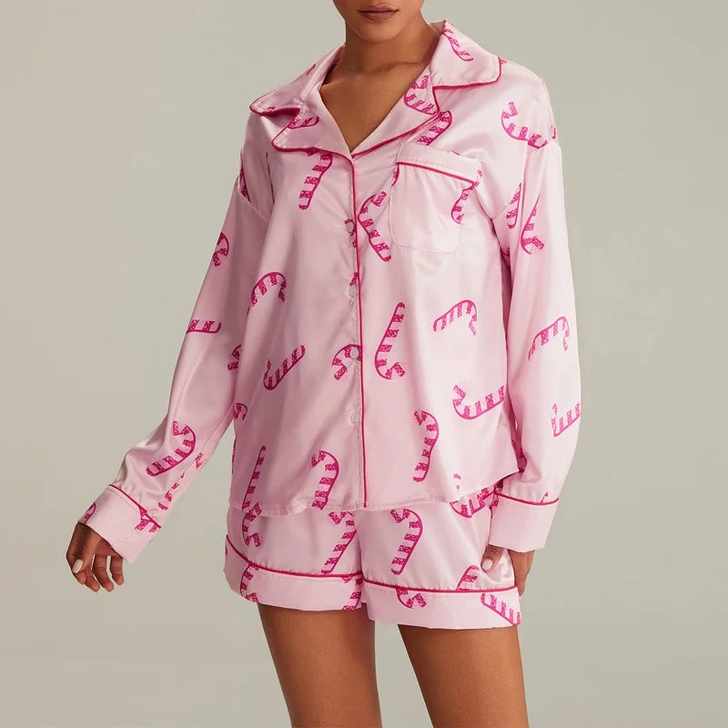 Christmas Pajamas Shorts Set for Women Santa Claus Pjs Long Sleeve Button Down Shirt+Pants 2 Piece Xmas Jammies Loungewear
