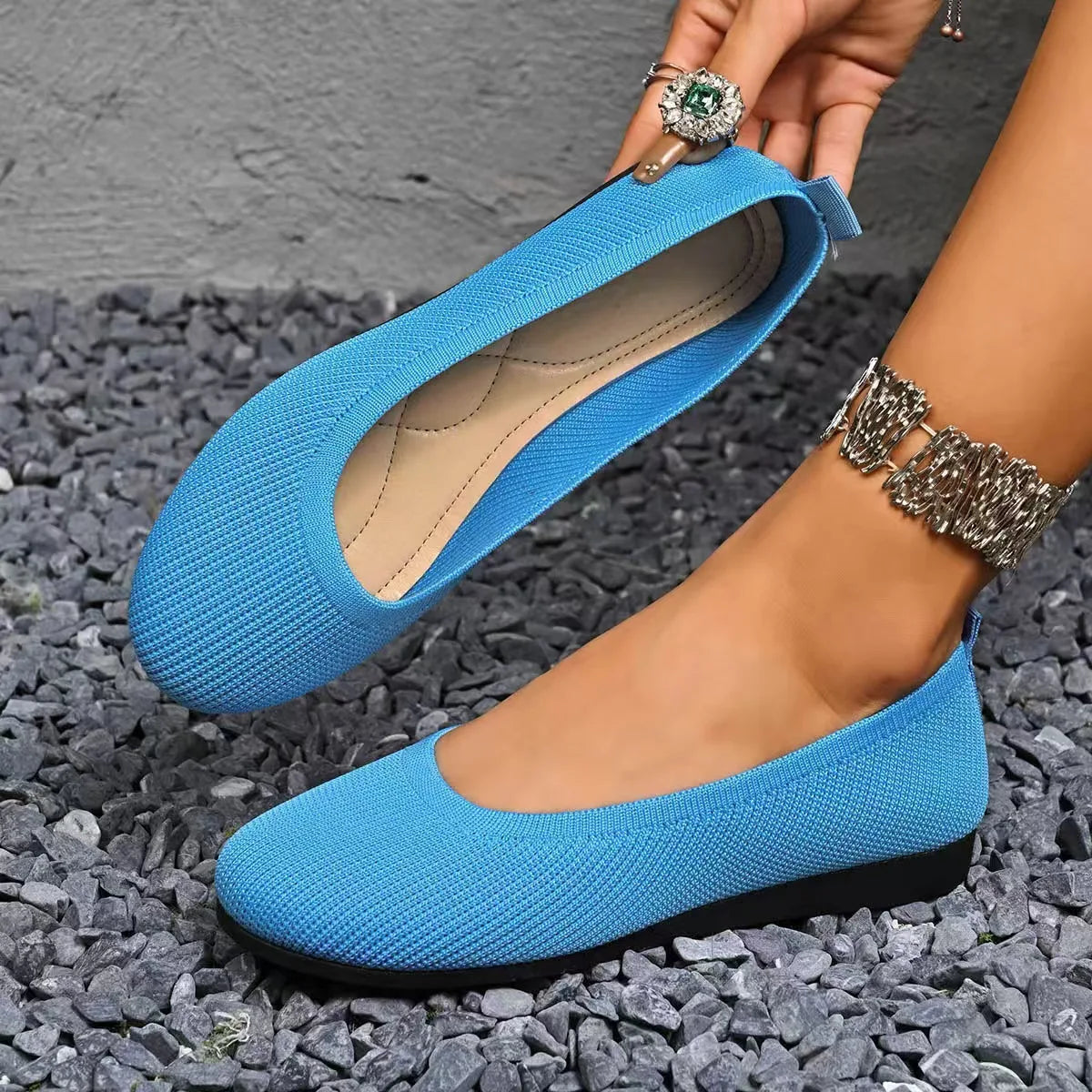 Women Round Toe Knitted Ballet Flats Breathable Slip on Flat Soft Sole Lightweight Casual Daily Walking Loafers Zapatos Mujer