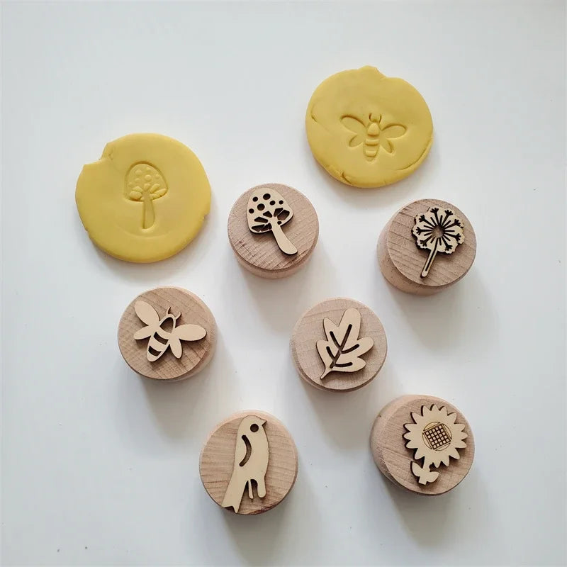 Kids Montessori Wooden Play Dough Stampers Tools Weather Insect Nature Stamps Playdough Fun Activity for Children Sensory Toys