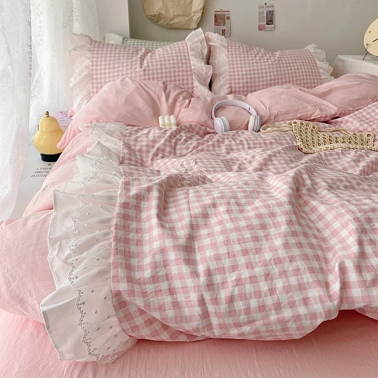 3 Piece Sheet Set Pink Plaid Duvet Cover Set, Comfortable Bedding Set Bedspread for All Season