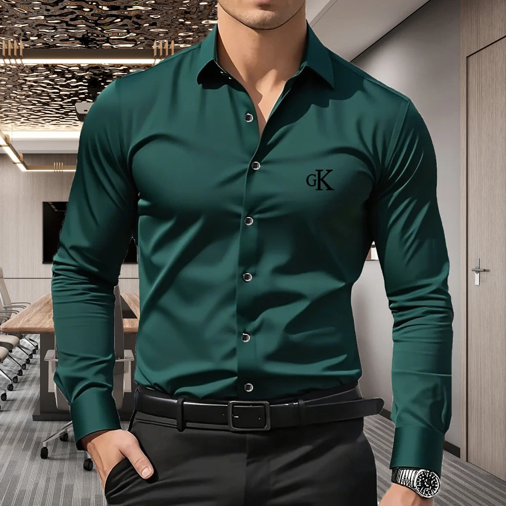 Men's Premium Business Casual Shirt, Word GK Print Slim Fit Long Sleeve Wrinkle Resistant Dress Shirt, 5 Colors Available, S-XXL