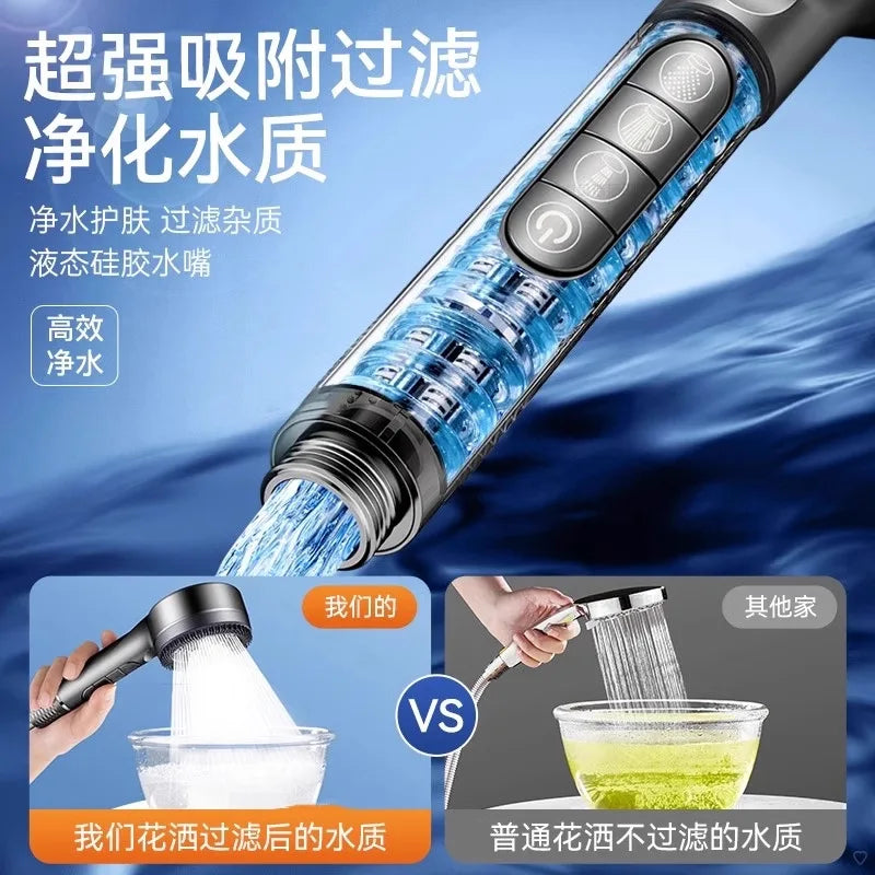 New 7 IN 1 Large Flow Shower Head With Filter 4 Modes High Pressure Water Saving One-Key Stop Water Massage Portable Showerhead