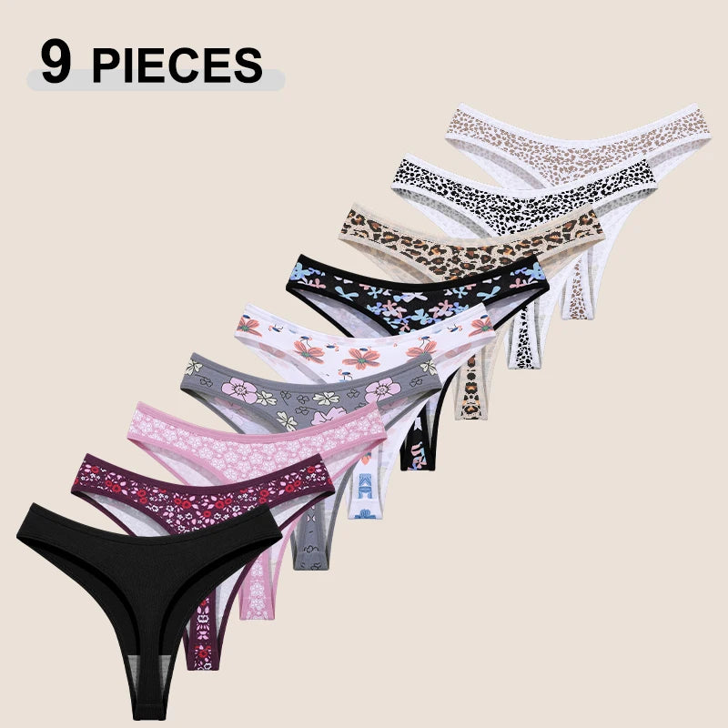 9Pcs Women's Seamless Cotton Panties XS-XXL Multiple Printing T-Back G-strings Sexy Low Waist Breathable Thongs Female Underwear